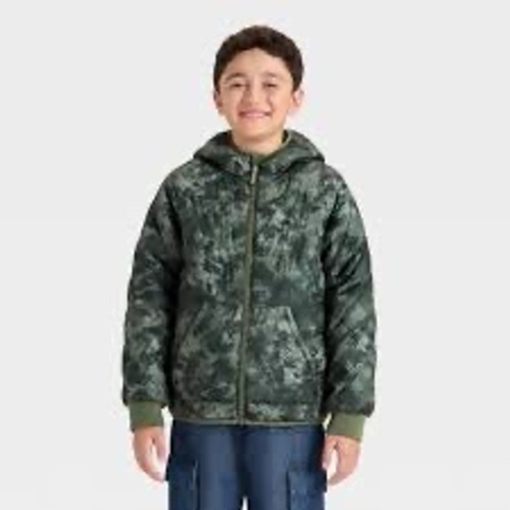 Cat & Jack Boys Reversible Puffer Jacket Green Marble Sherpa Hooded XS 4/5 NWT